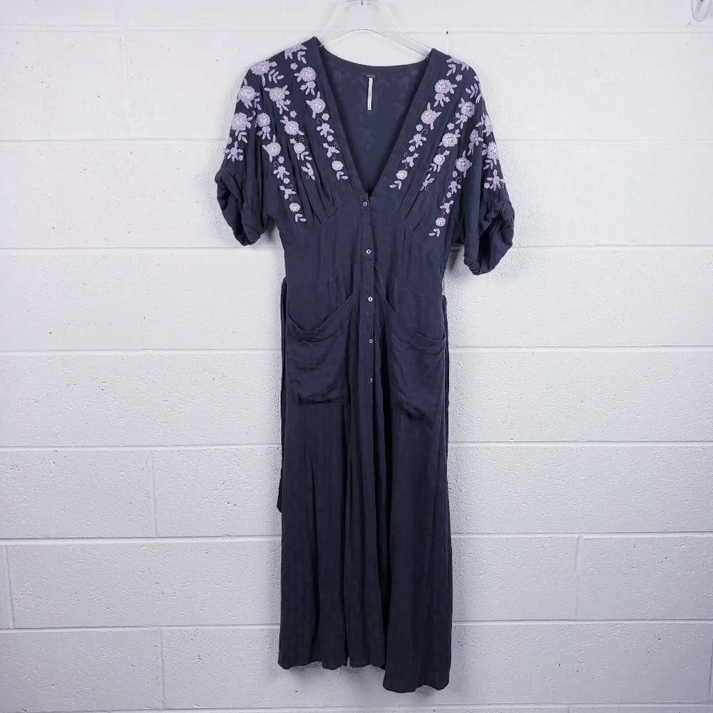 FREE PEOPLE Love to Love You Gray Embroidered Boho Floral Button‎ Midi Dress SM